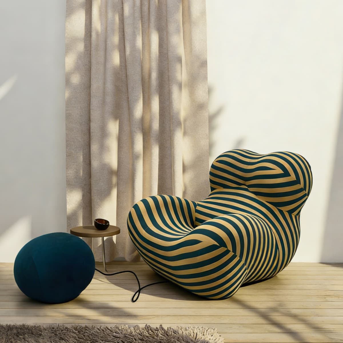 La Mamma Up 50 Series Modern Italian Striped Lounge Chair with Ball Ottoman
