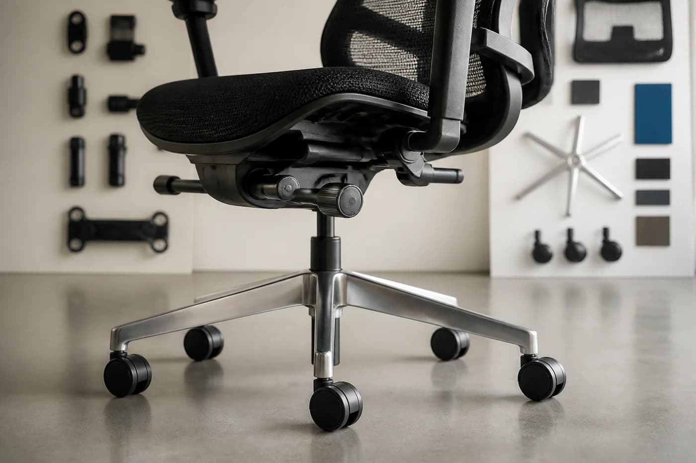Close view of unbranded office chair base, casters, gas lift and mechanism during a component review