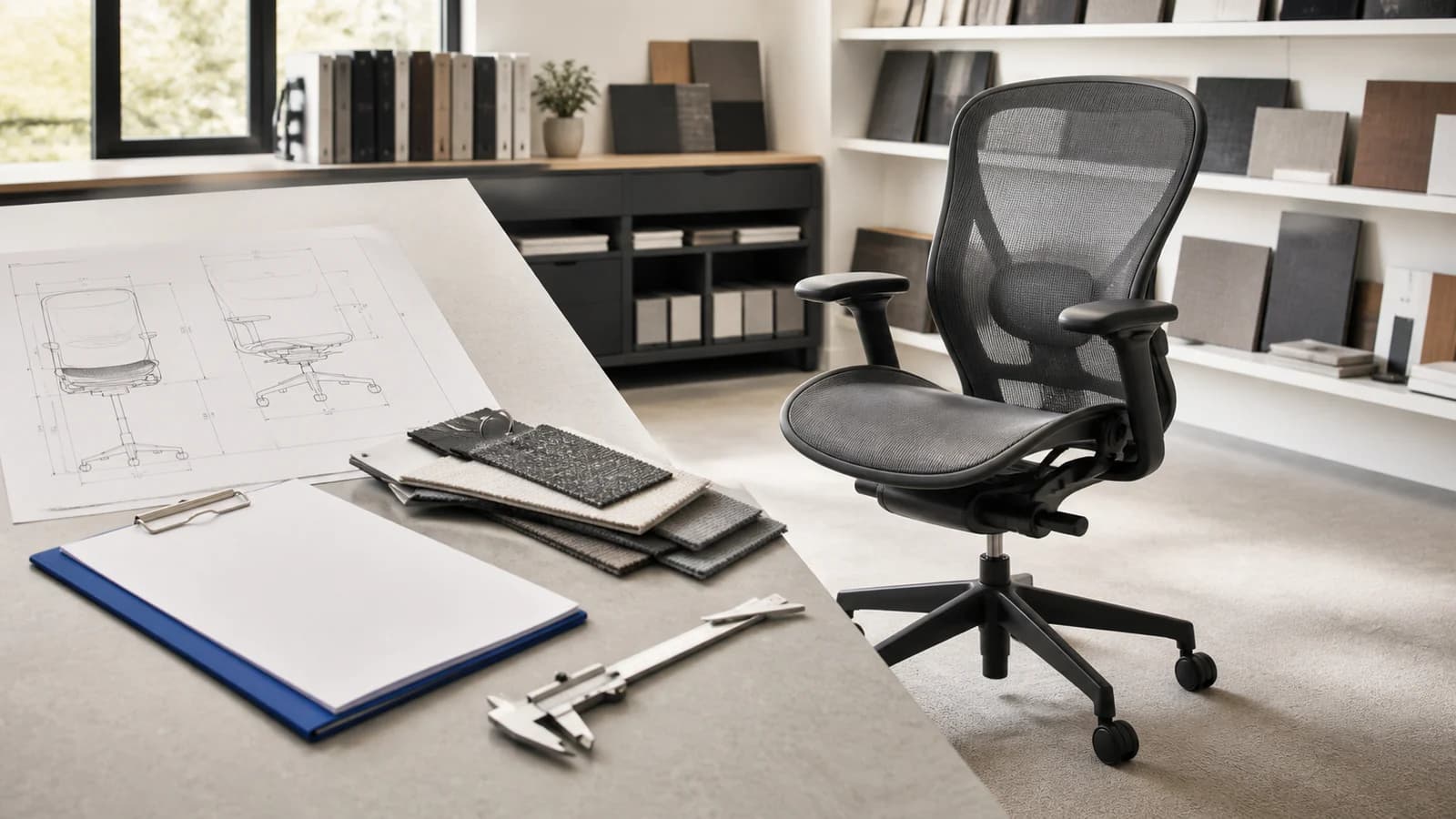 Unbranded mesh office chair beside technical drawings, materials and a procurement review folder