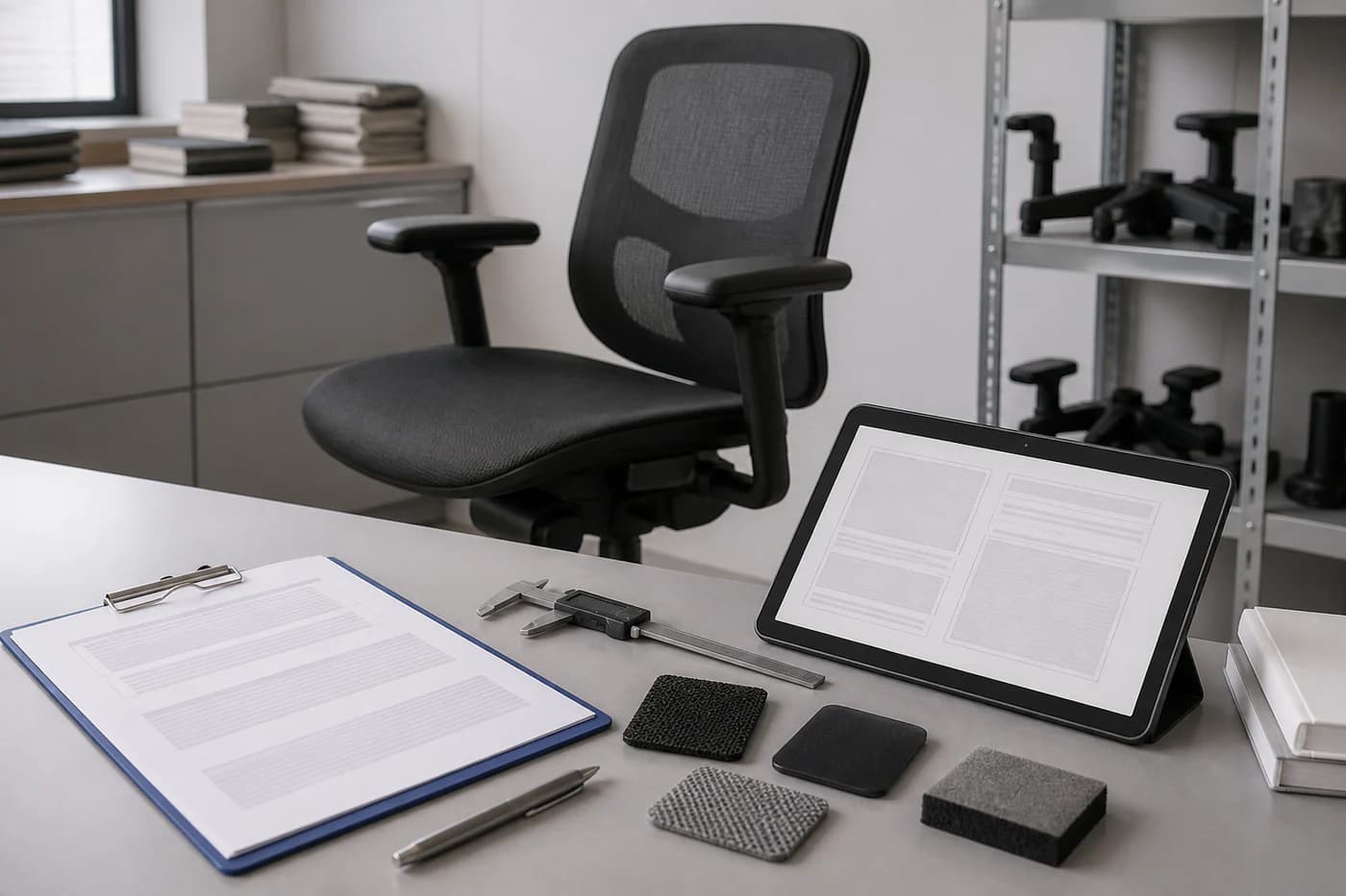 Office chair sample and neutral procurement evidence materials reviewed at a quality-control table
