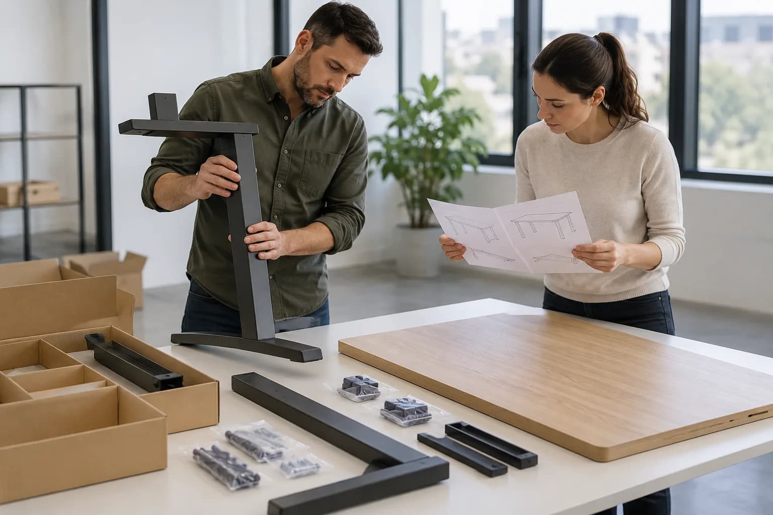 Fictional receiver and installer comparing generic desk components, hardware pouches and a plain parts sheet before assembly