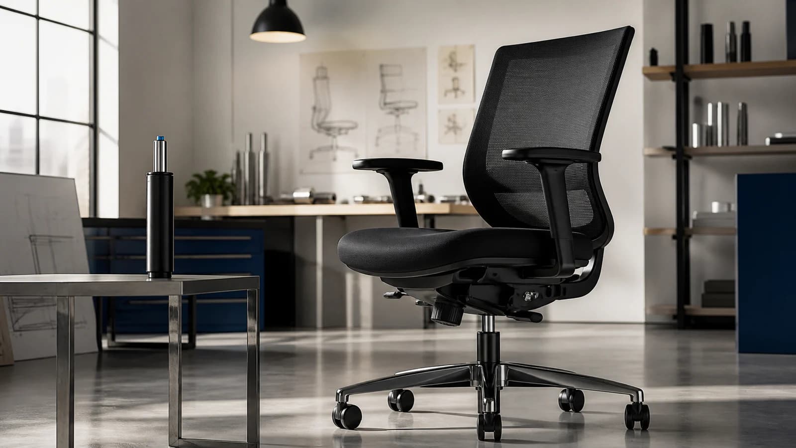 Unbranded ergonomic office chair with a gas-lift sample in a furniture engineering studio