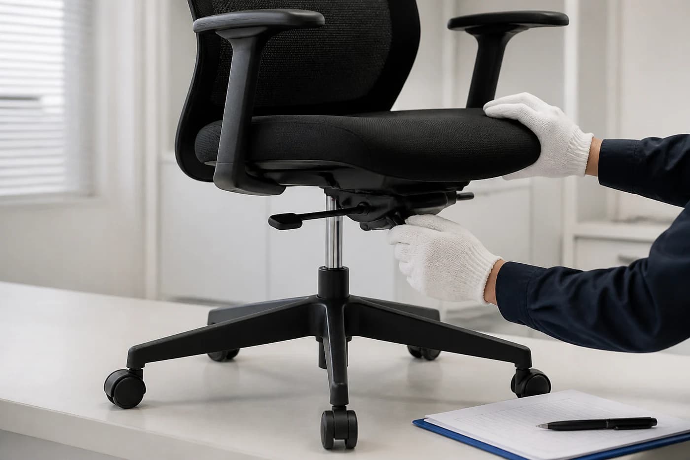 Quality-control review of an unbranded office chair height-adjustment mechanism with neutral check sheets