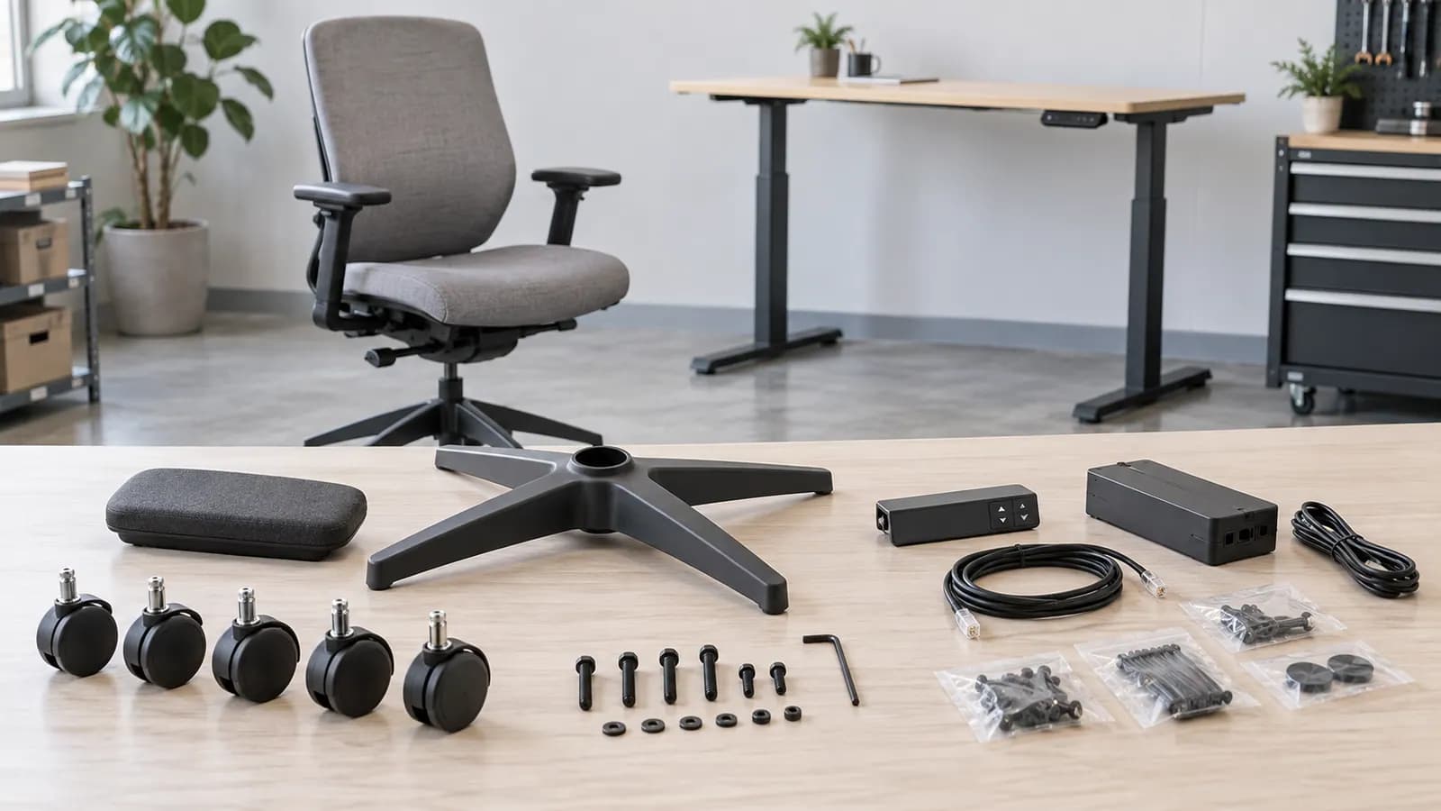 Unbranded office chair and standing desk with organized mechanical, wear and electrical spare parts on a service table