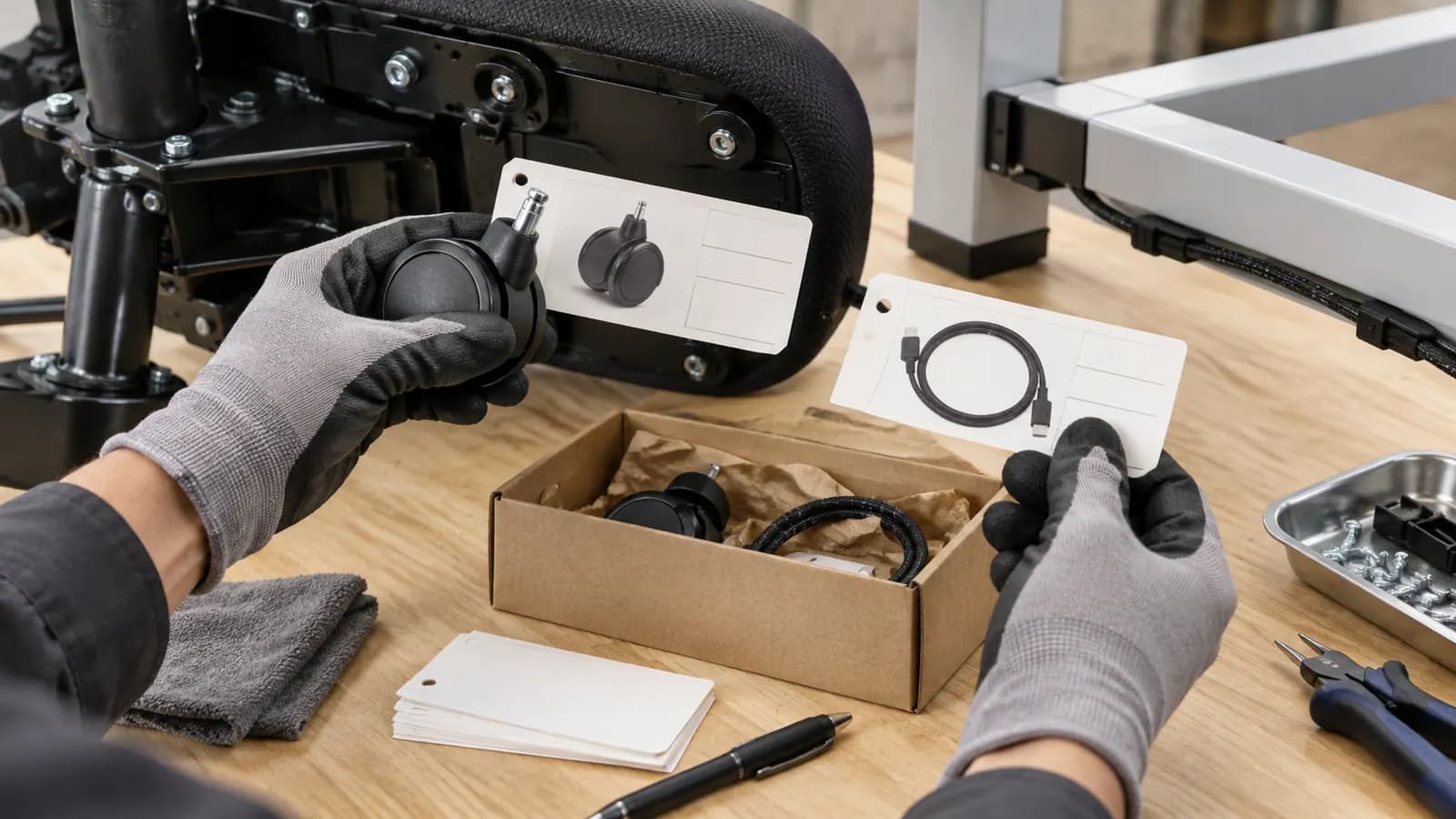 Gloved service worker matching an unbranded chair caster and cable to visual identity cards before packing