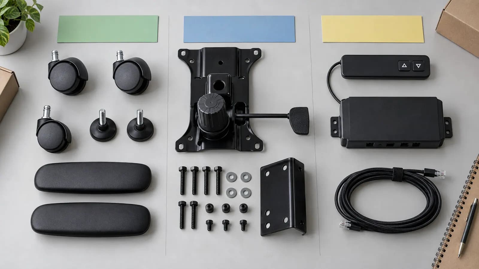 Unbranded office furniture replacement parts arranged in wear, mechanical and electrical planning groups