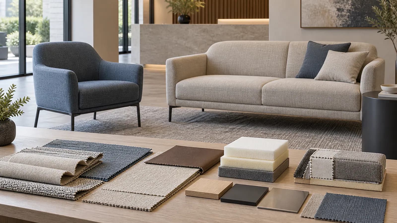 Unbranded contract lounge chair and sofa with upholstery swatches, foam layers and finish samples on a specification table