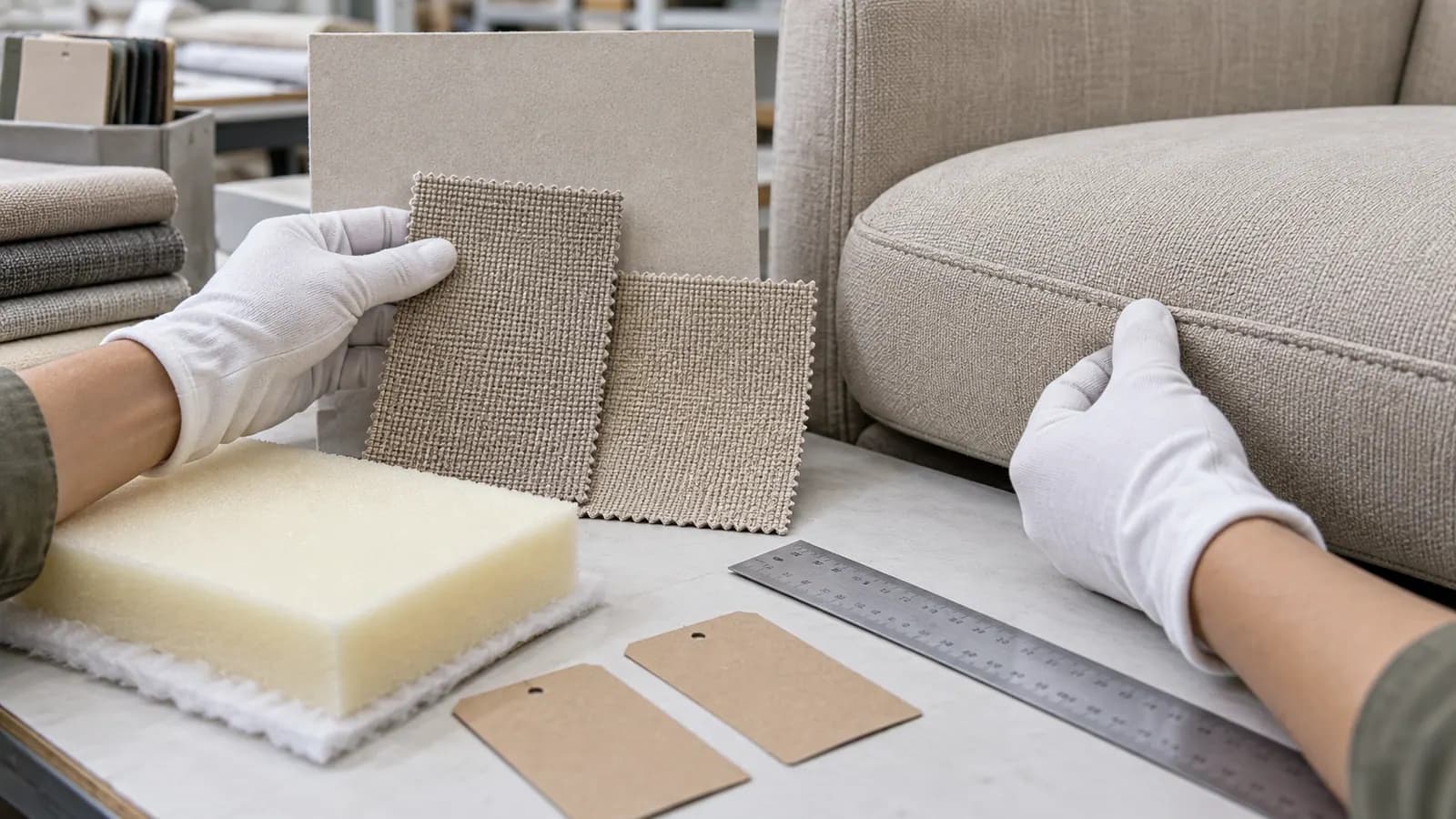 Gloved reviewer comparing neutral upholstery swatches, foam layers and a lounge-seat seam against production references