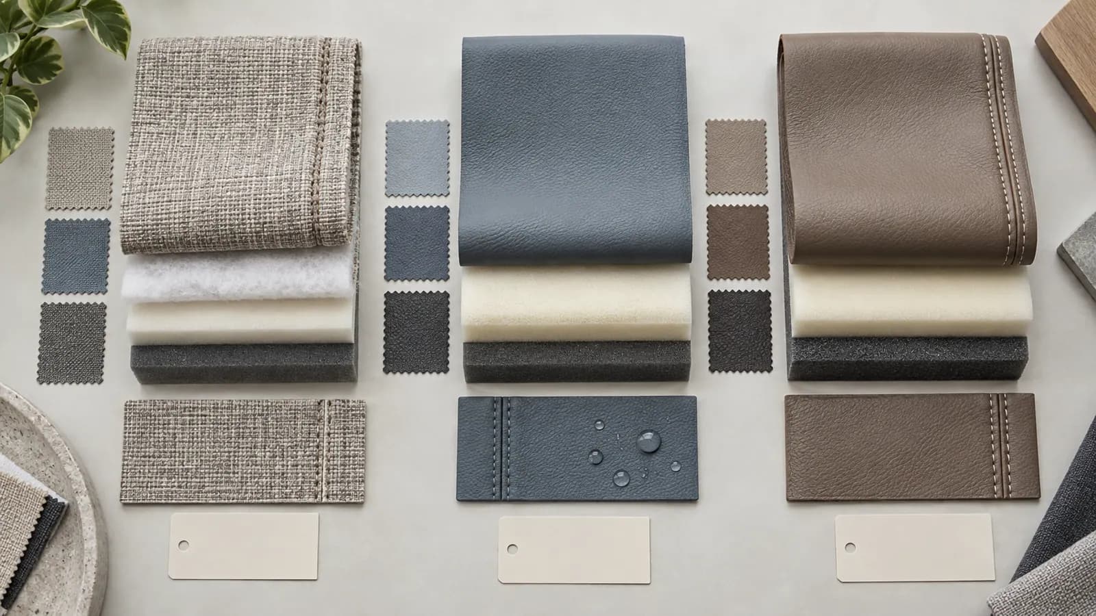 Three unbranded lounge upholstery systems showing woven, coated and leather-like covers over backing, batting and foam layers