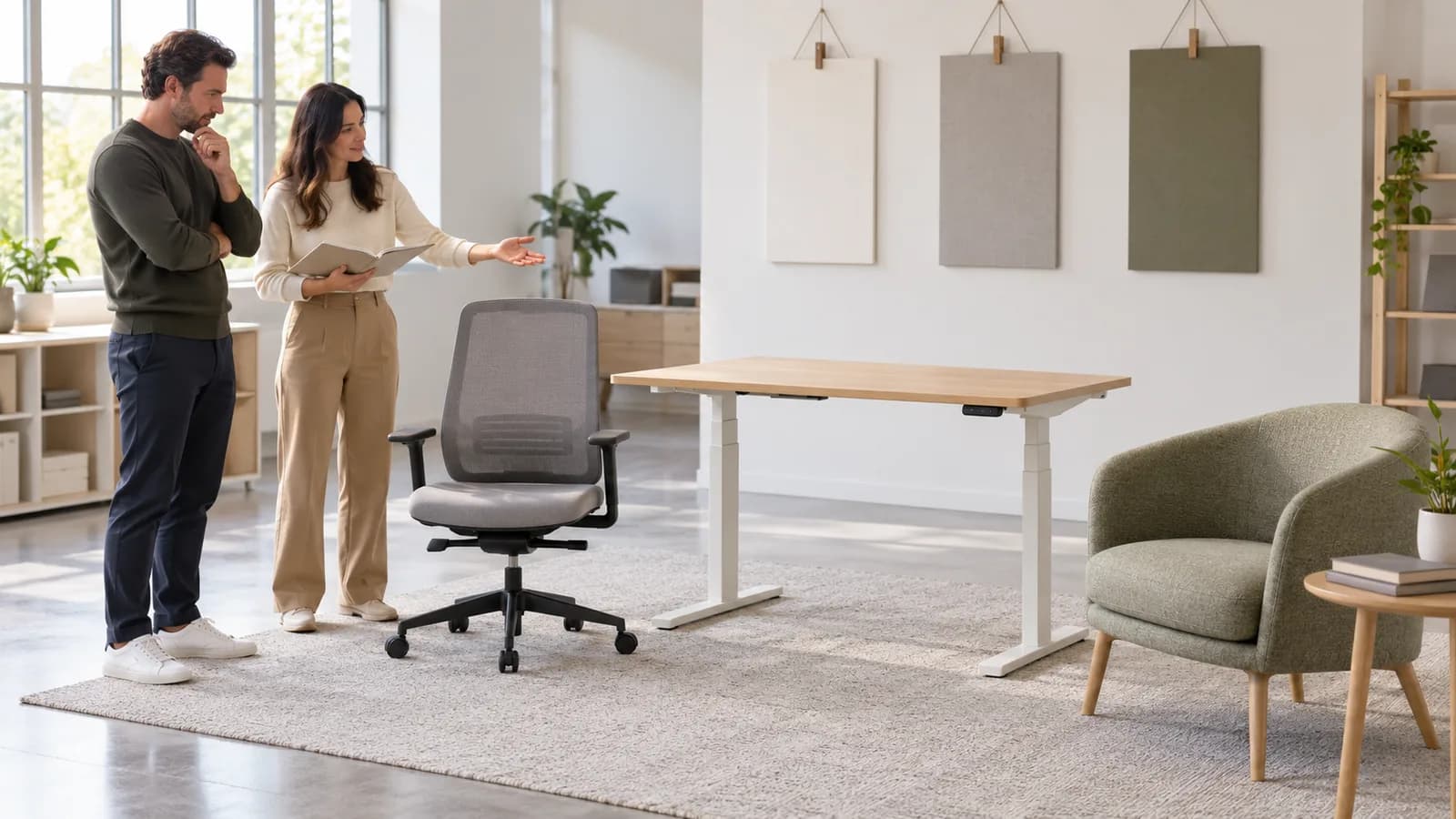 Fictional project team comparing generic chair, desk and lounge samples with blank review sheets