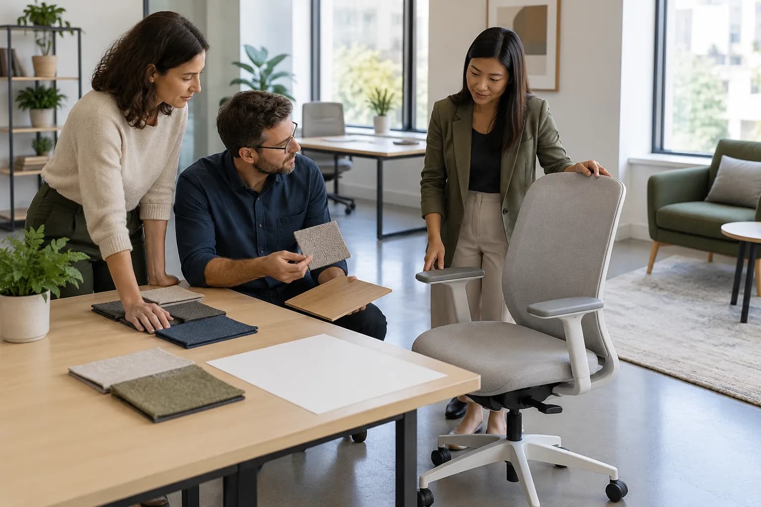 Fictional review team comparing generic office chair, desk and lounge material samples with blank coverage sheets
