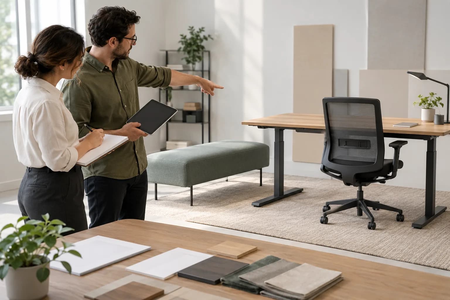 Fictional project reviewers handing over blank furniture sample decision sheets beside generic completed furniture