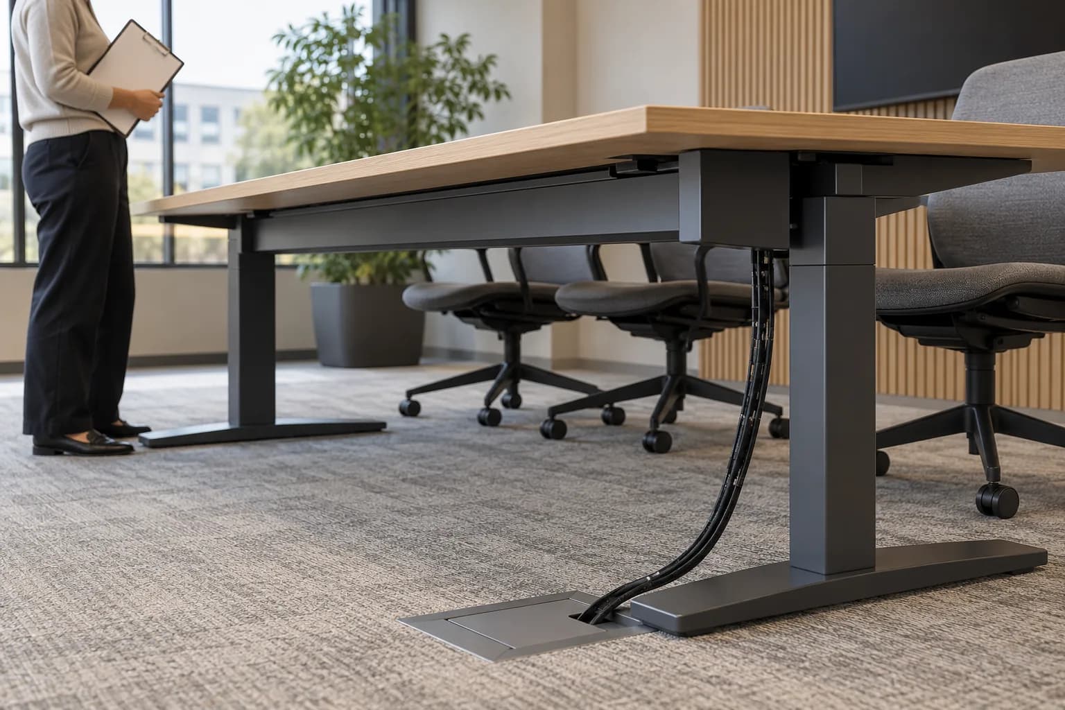 Illustrative conference table underside showing a closed cable channel, external cable route, pedestal foot and nearby chair