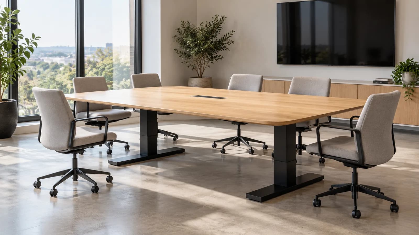 Illustrative height-adjustable conference table with an oak top, black pedestal columns and surrounding office chairs