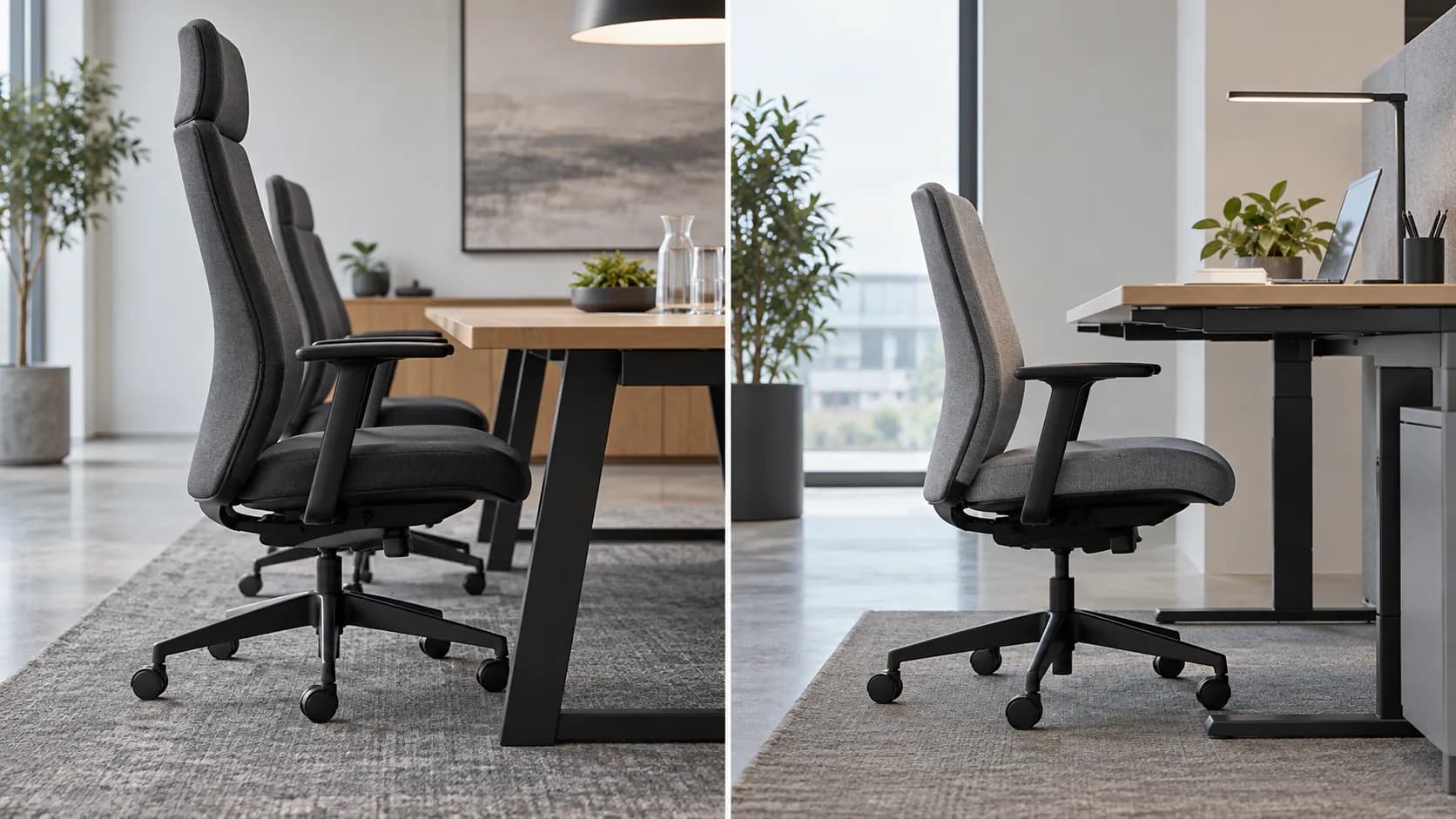 Side-view comparison of unbranded high-back and mid-back office chairs positioned at commercial desks