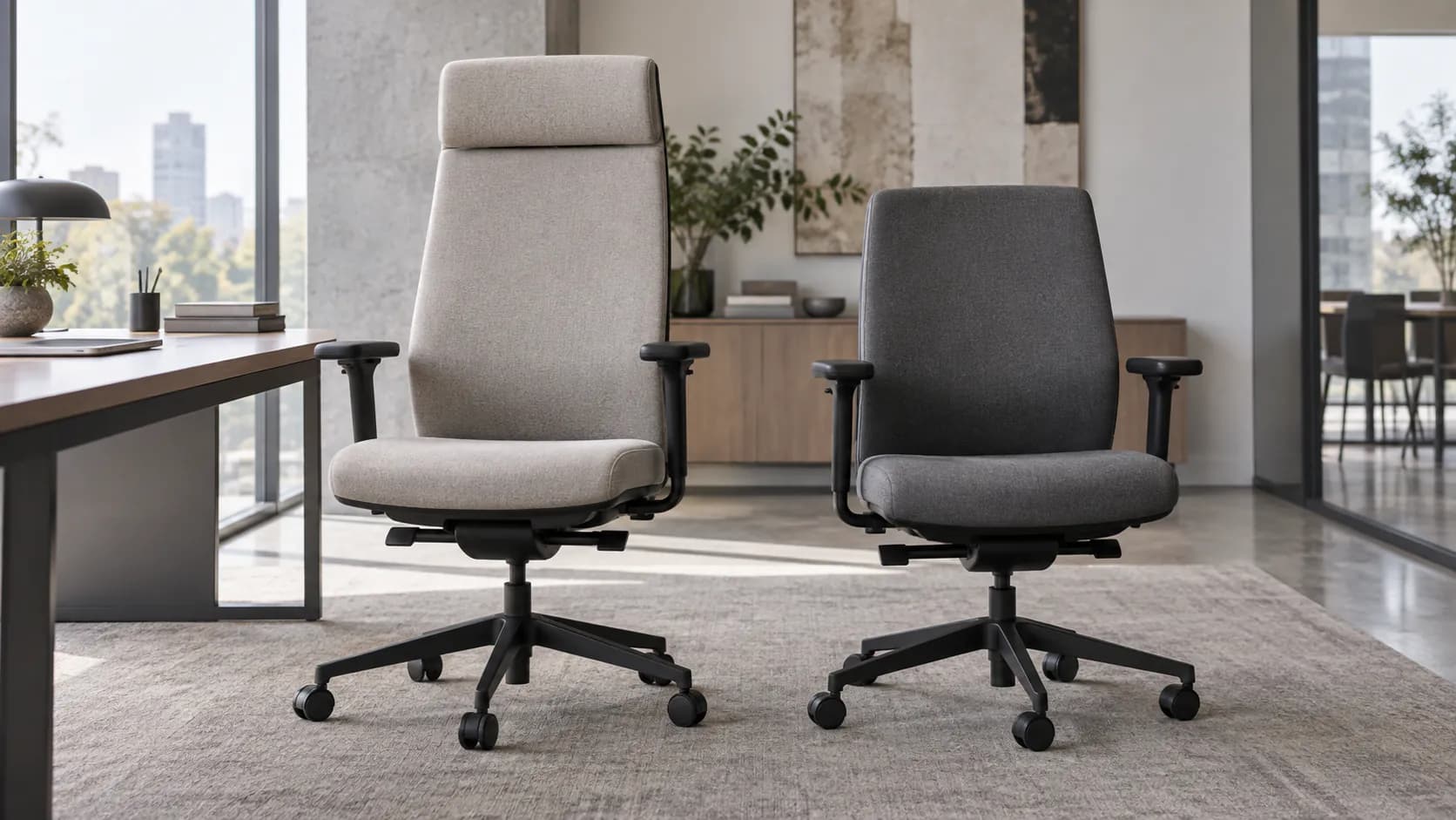 Unbranded high-back and mid-back office chairs side by side in a contemporary commercial workspace