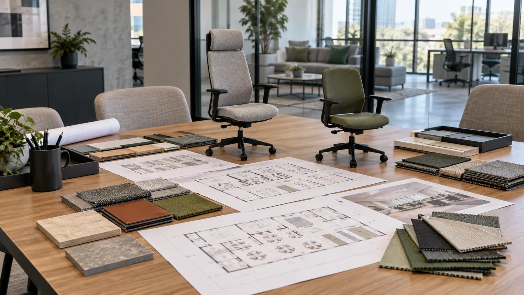 Unbranded high-back and mid-back office chair samples with floor-plan sheets and material swatches on a project table