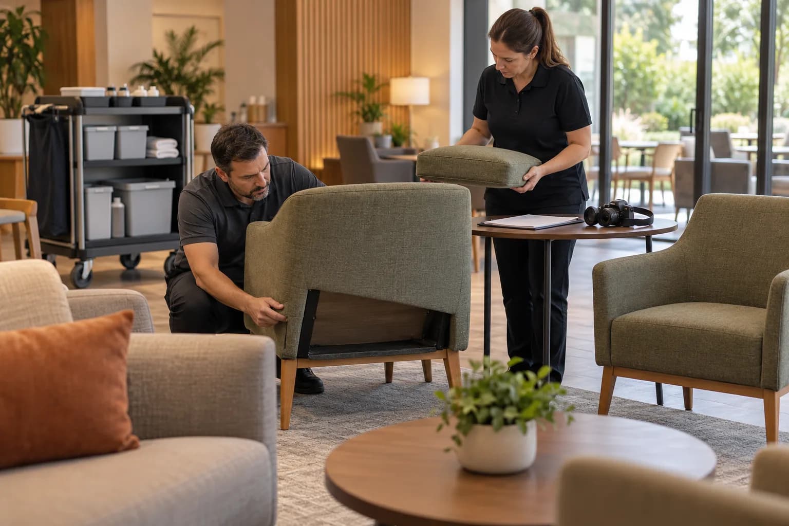 Conceptual facilities team comparing a lounge chair, separate cushion and blank service records beside an inactive seating area