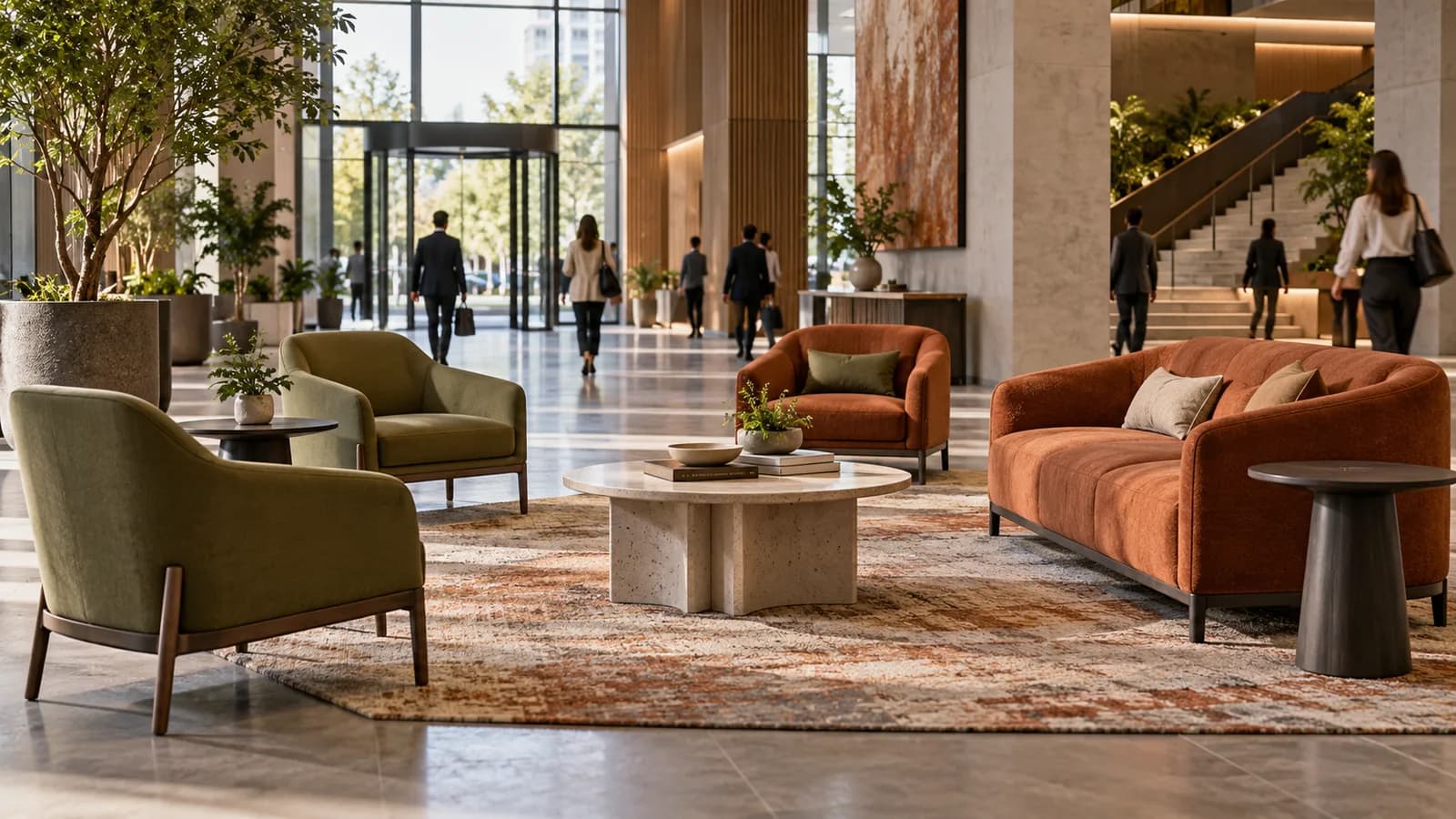 Conceptual commercial lobby with upholstered lounge seating, visible bases and people passing in the background