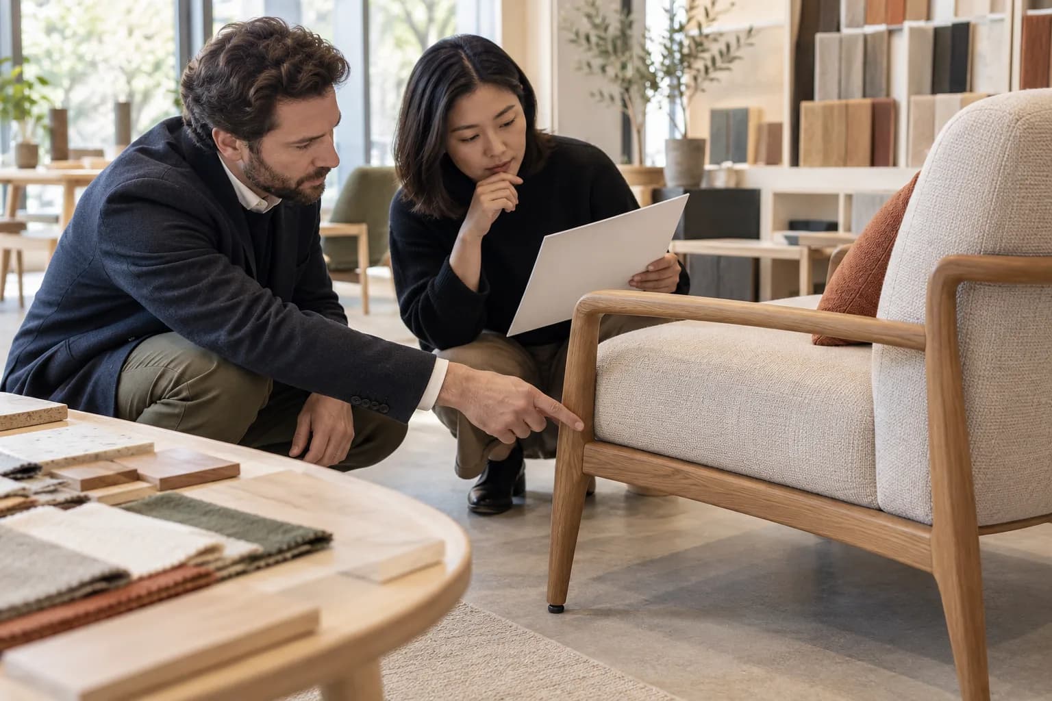 Fictional furniture reviewers observing a generic lounge chair leg junction, seat edge and exposed materials beside sample records