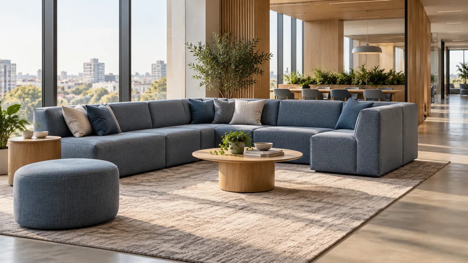 Conceptual office breakout area with a blue-grey modular corner sofa, low tables and an open approach