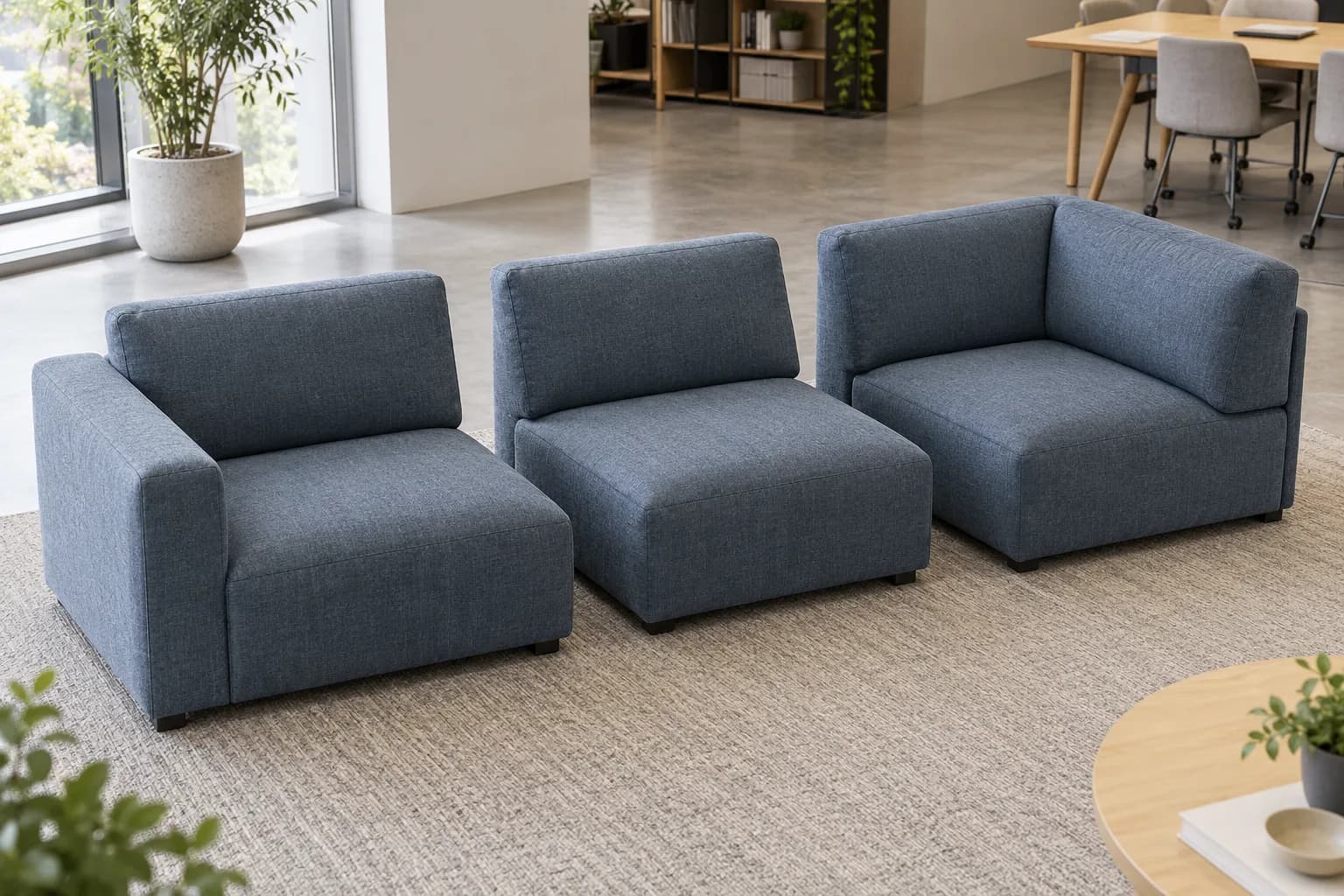 Separate illustrative single-arm, armless and corner upholstered sofa modules showing different forms