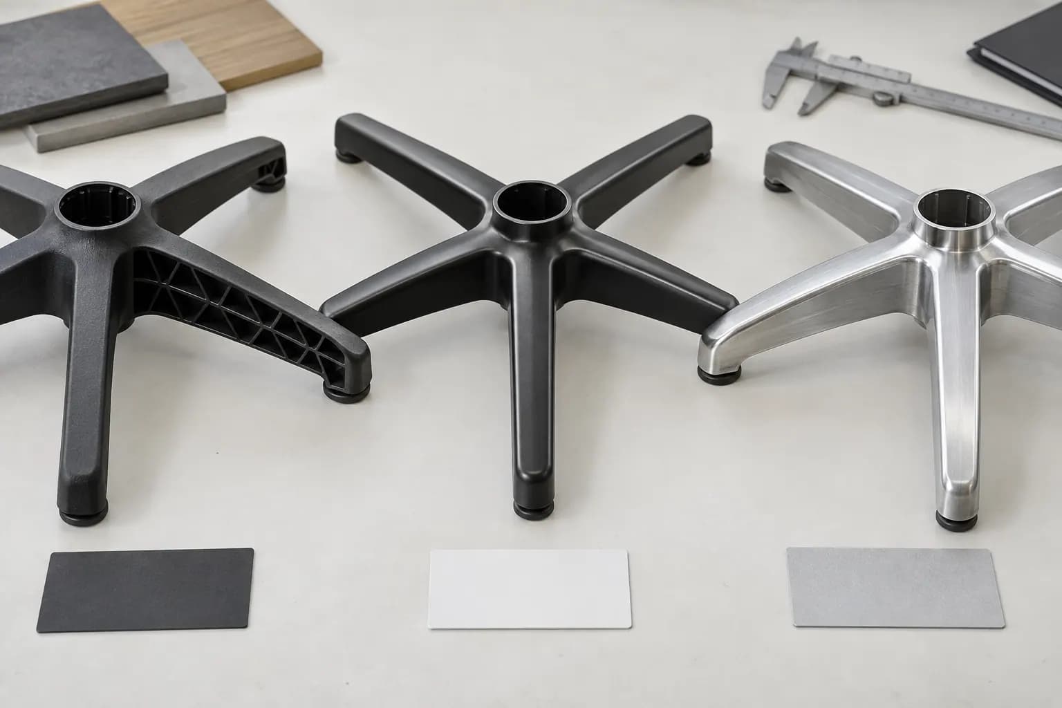 Three unbranded office chair five-star base constructions in reinforced polymer, coated metal and brushed aluminum on a review table