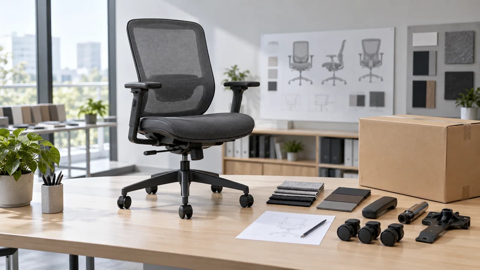 Unbranded mesh office chair, component samples and export carton arranged for a product approval review