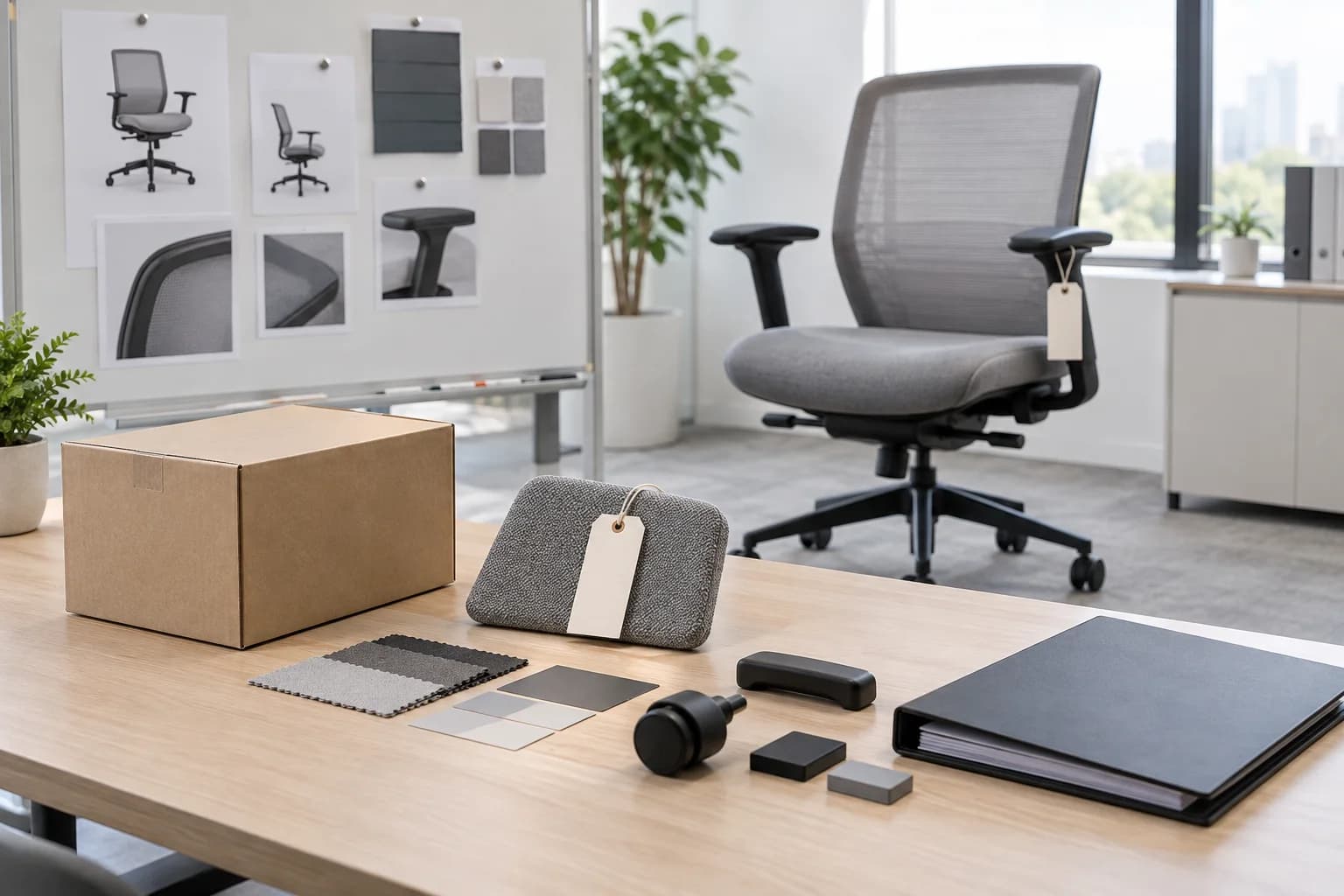 Unbranded office chair, carton, material swatches and blank product file prepared for a production handoff