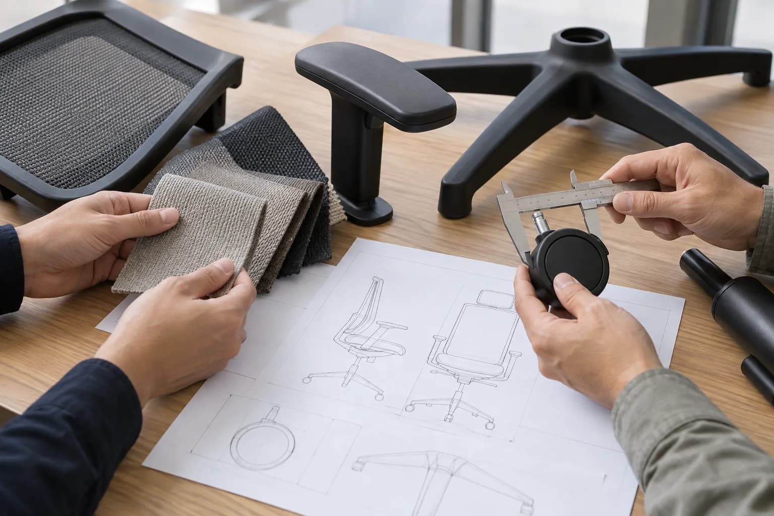 Office chair components, material swatches and a configuration drawing arranged for a specification comparison