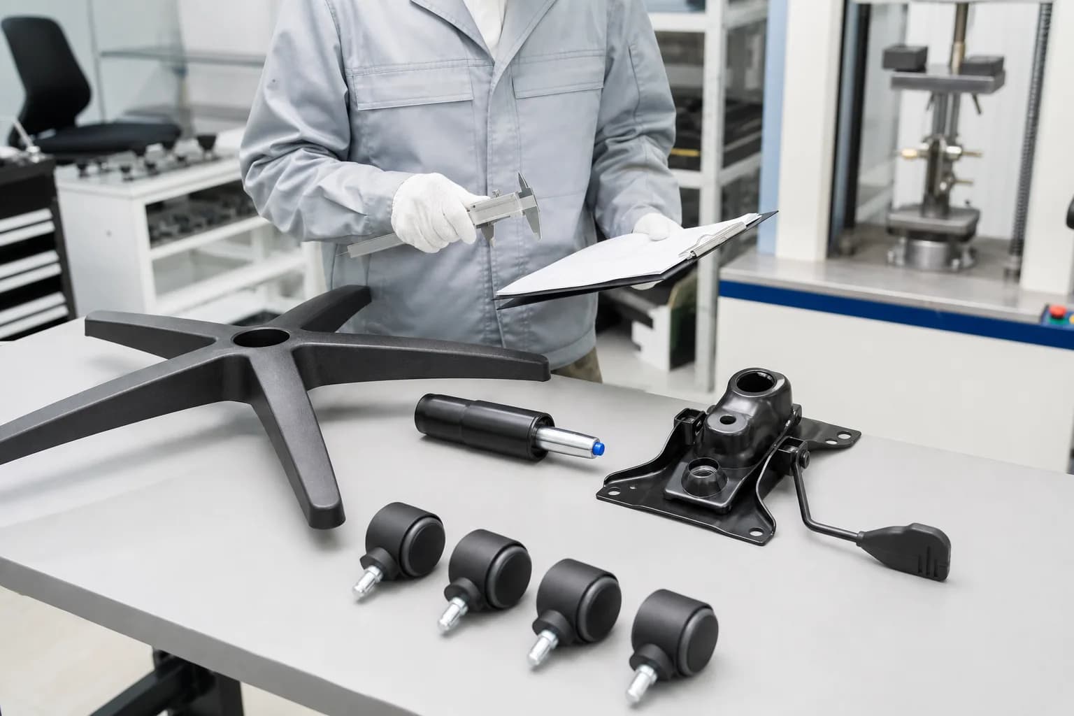 Quality engineer inspecting office chair mechanism, gas lift, base and casters on a workbench