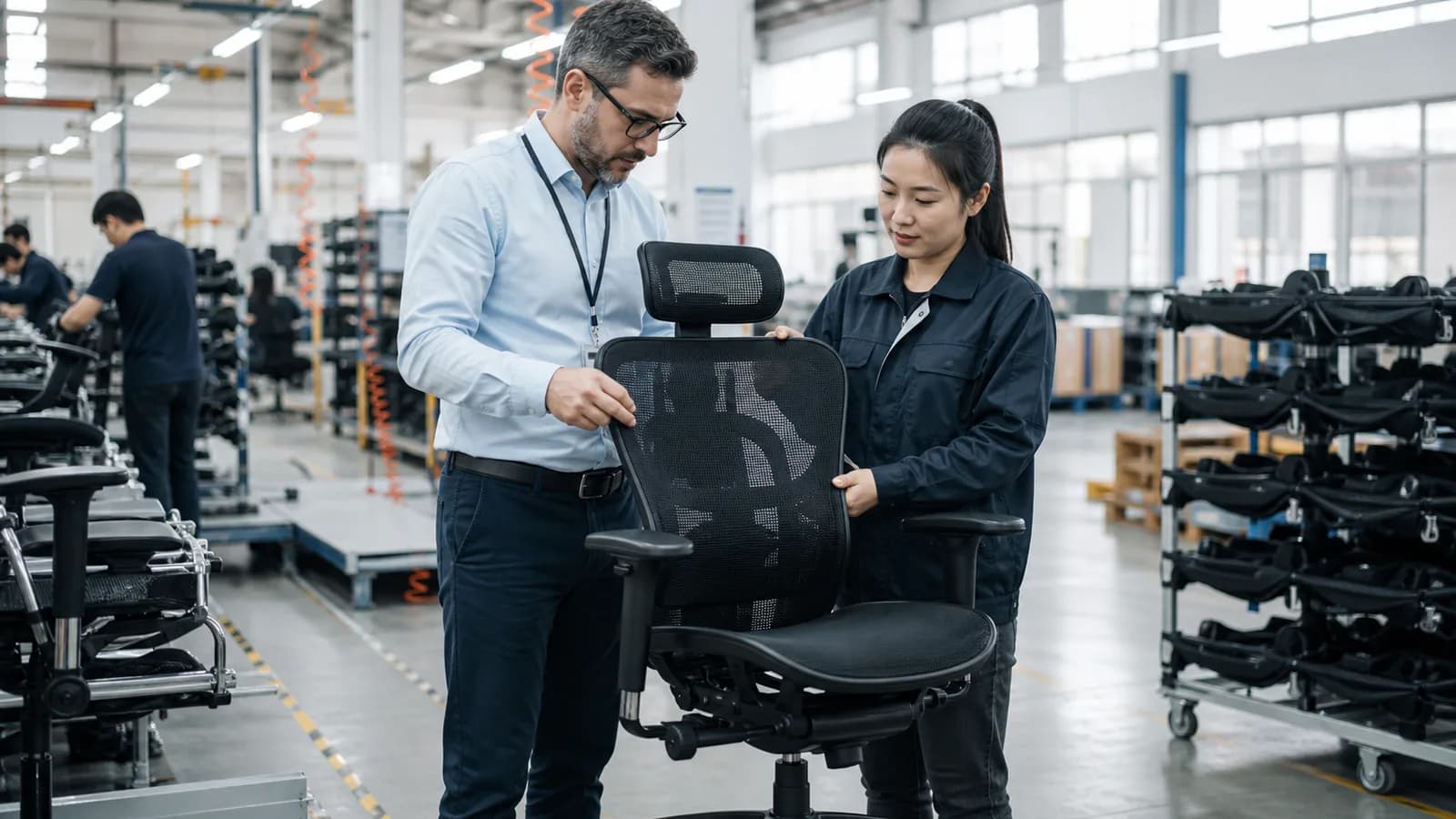 Procurement manager and quality engineer reviewing an ergonomic mesh office chair on a factory floor