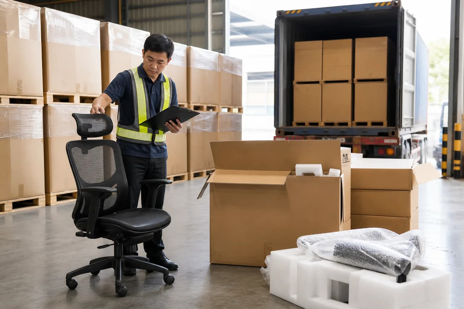 Inspector reviewing an ergonomic office chair and export packaging before container loading