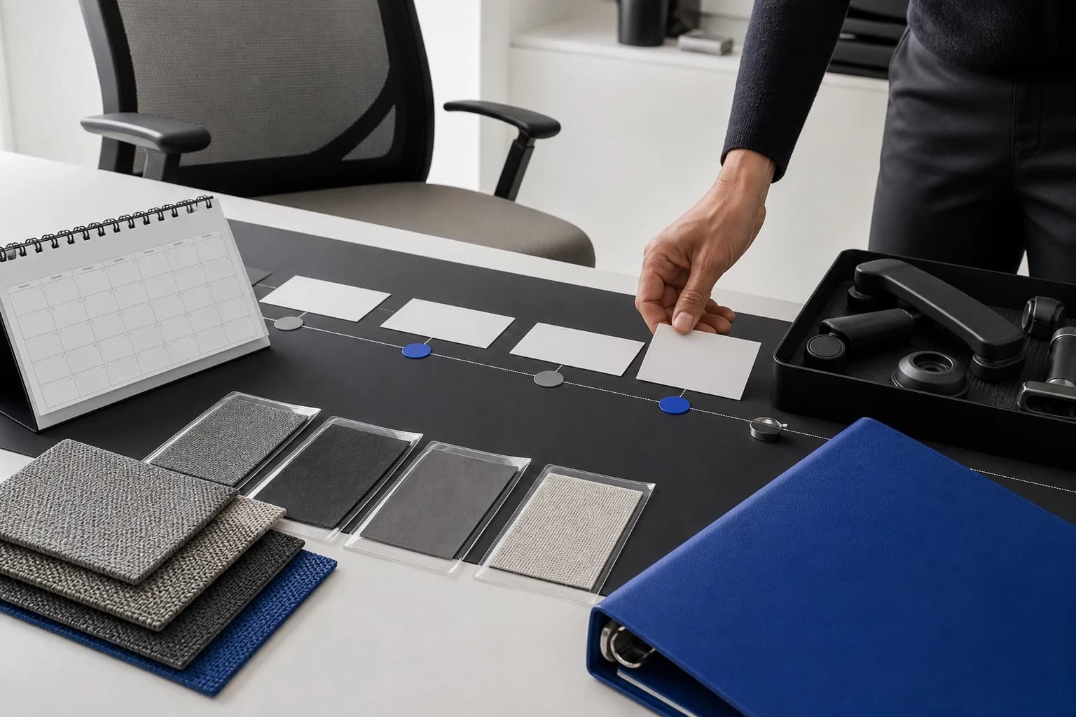 Office chair procurement calendar with sample approval and production milestones
