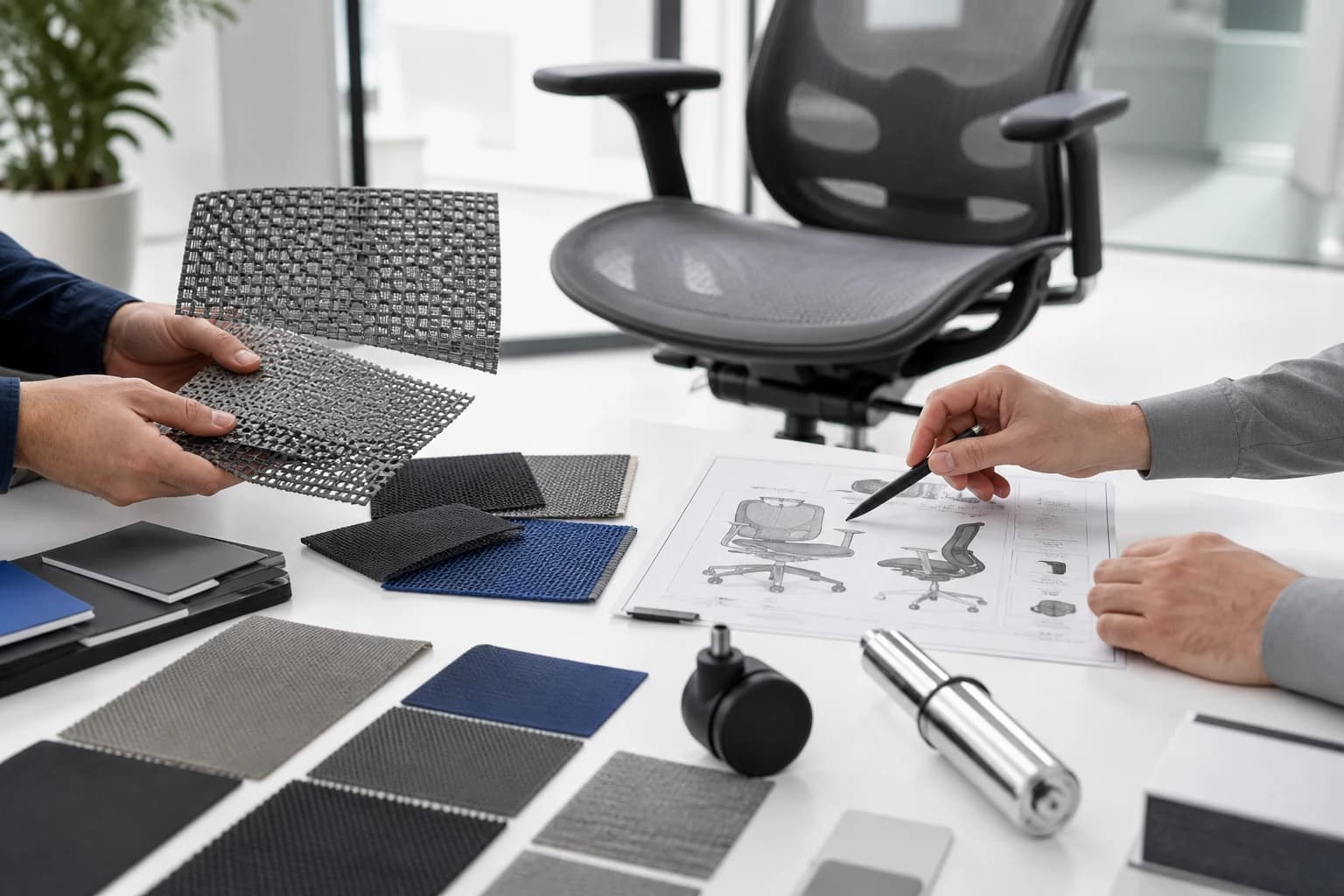 Buyer and engineer reviewing an office chair sample, material swatches and component specification