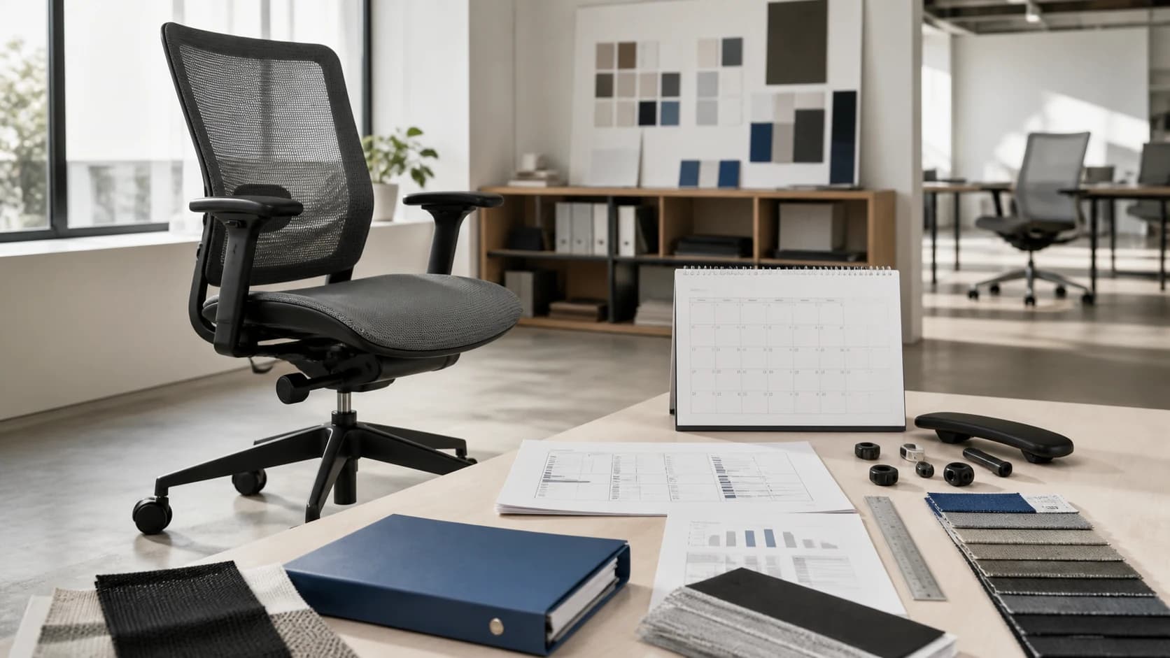 Office chair buyer reviewing color swatches, a sample chair and a production planning sheet