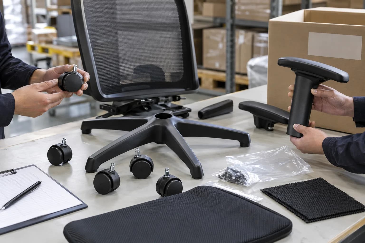 Office chair base, casters, armrest and accessory bag arranged for a component and function check