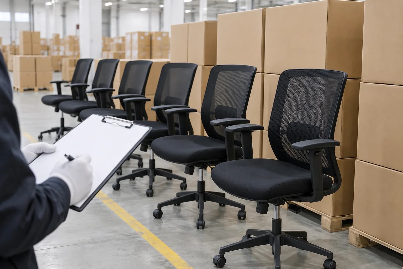 Unbranded mesh office chairs, export cartons and a shipment inspection clipboard in a warehouse setting
