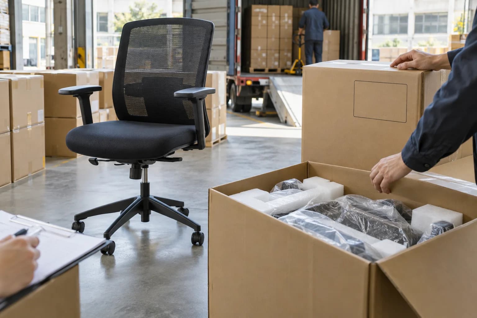 Unbranded office chair beside an open export carton with protective inserts prepared for a packing review