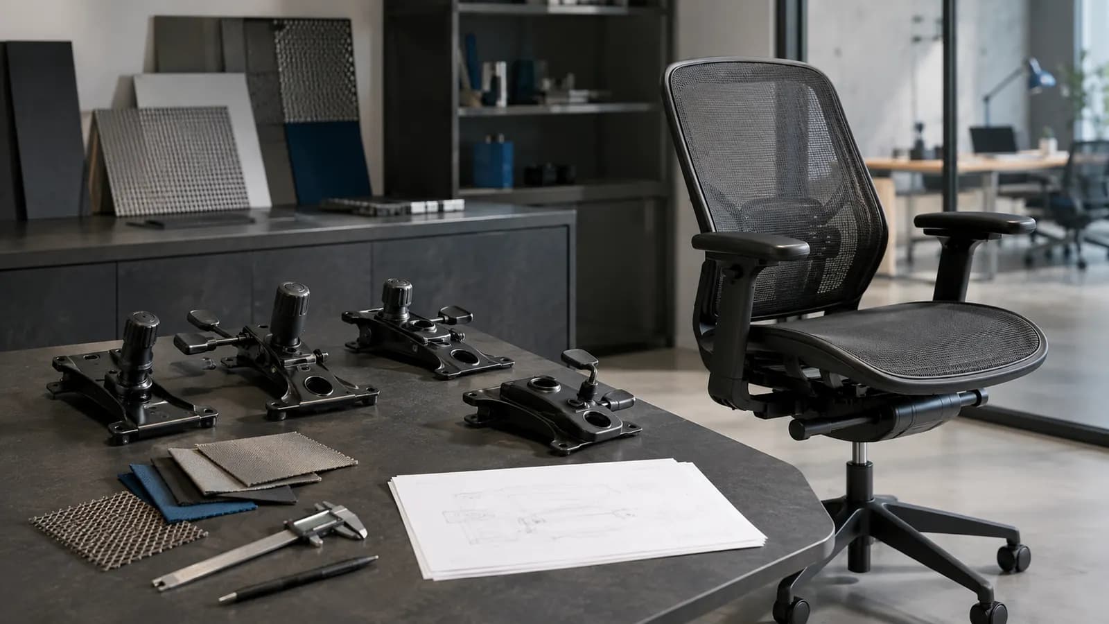 Unbranded mesh office chair and several tilt mechanism samples arranged for a B2B specification review