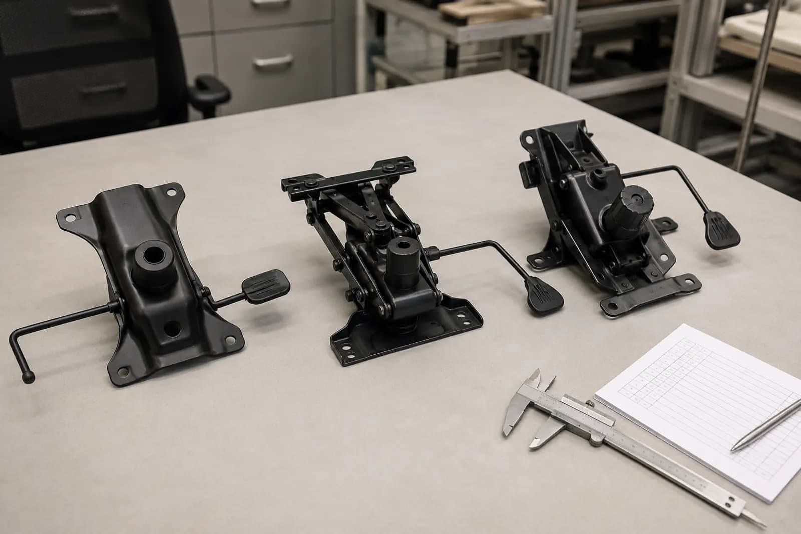 Three unbranded office chair tilt mechanism assemblies arranged for close engineering comparison