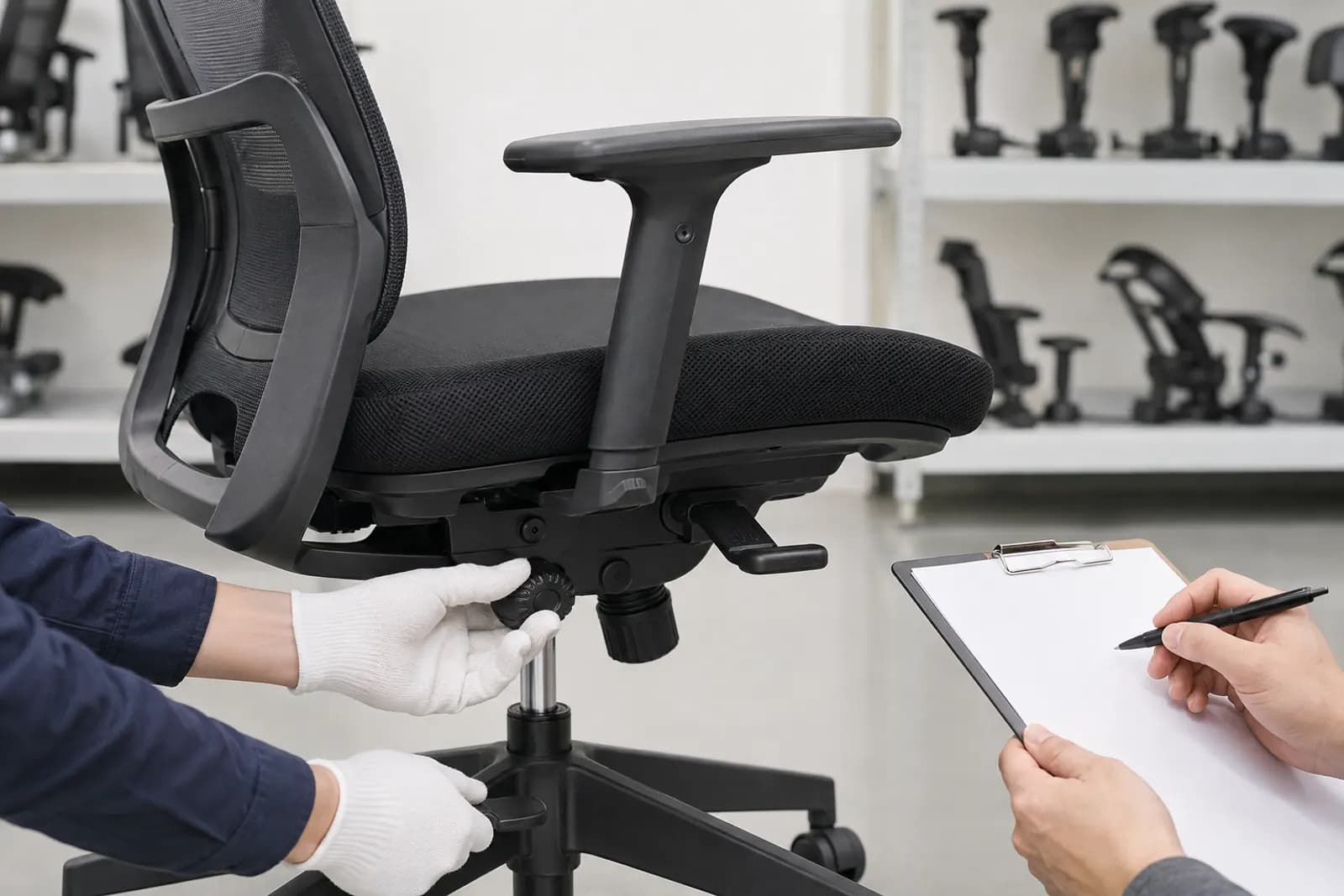 Controlled functional inspection of an unbranded mesh office chair tilt controls with a blank checklist
