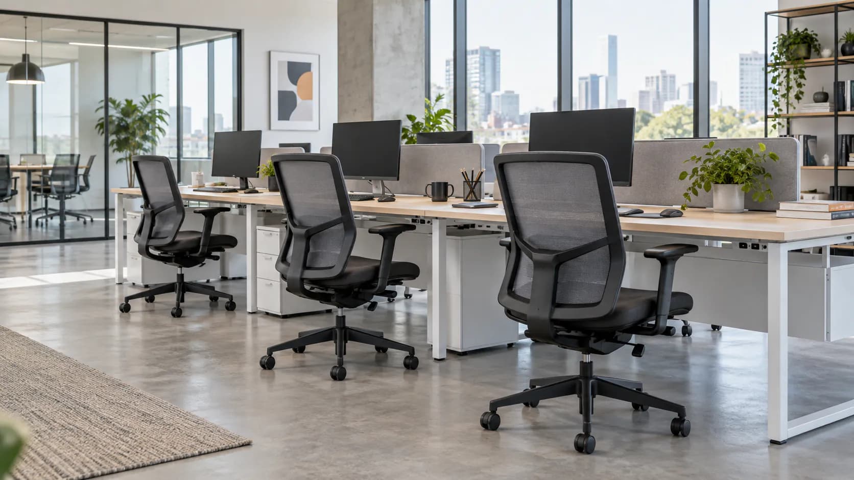 Unbranded adjustable office chairs arranged at shared desk workstations in a contemporary office