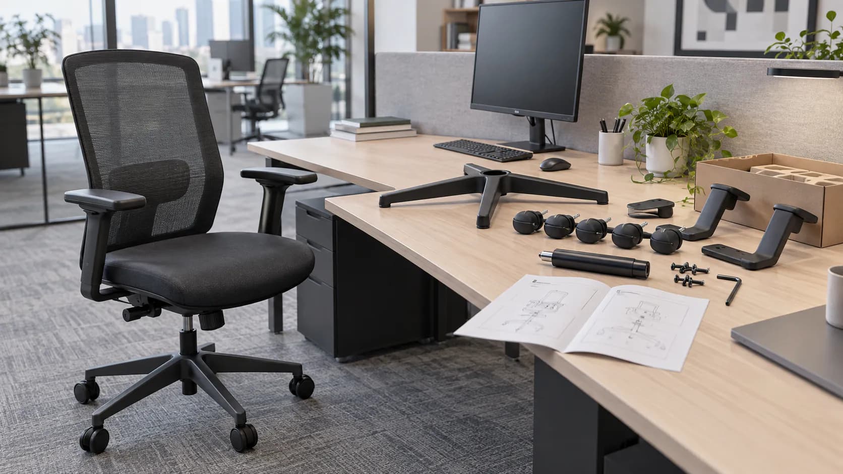 Unbranded office chair with components, caster parts and a non-readable instruction booklet on a shared-workstation handover table
