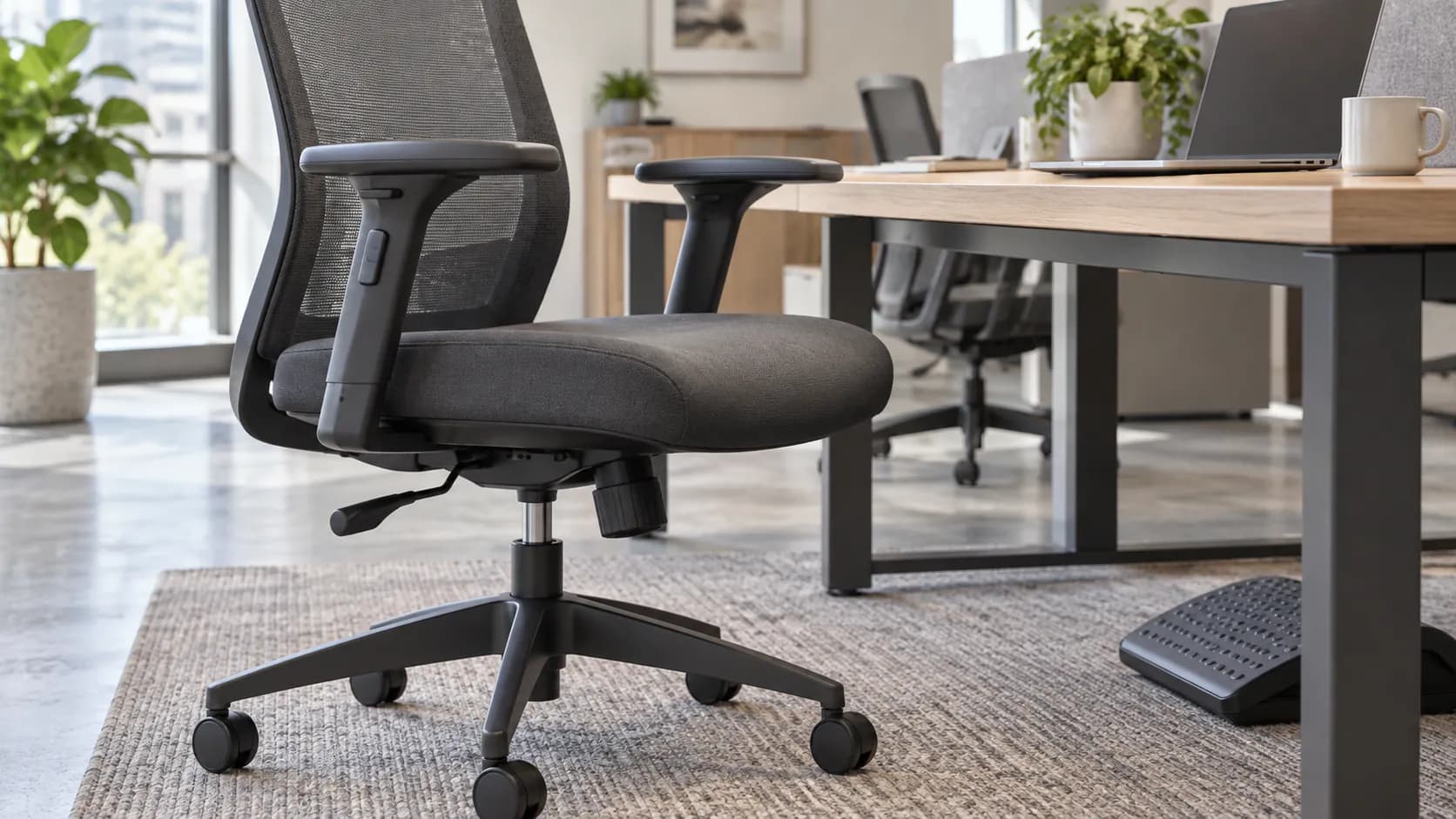 Unbranded adjustable office chair beside a shared desk with visible seat-height and armrest controls and foot support area