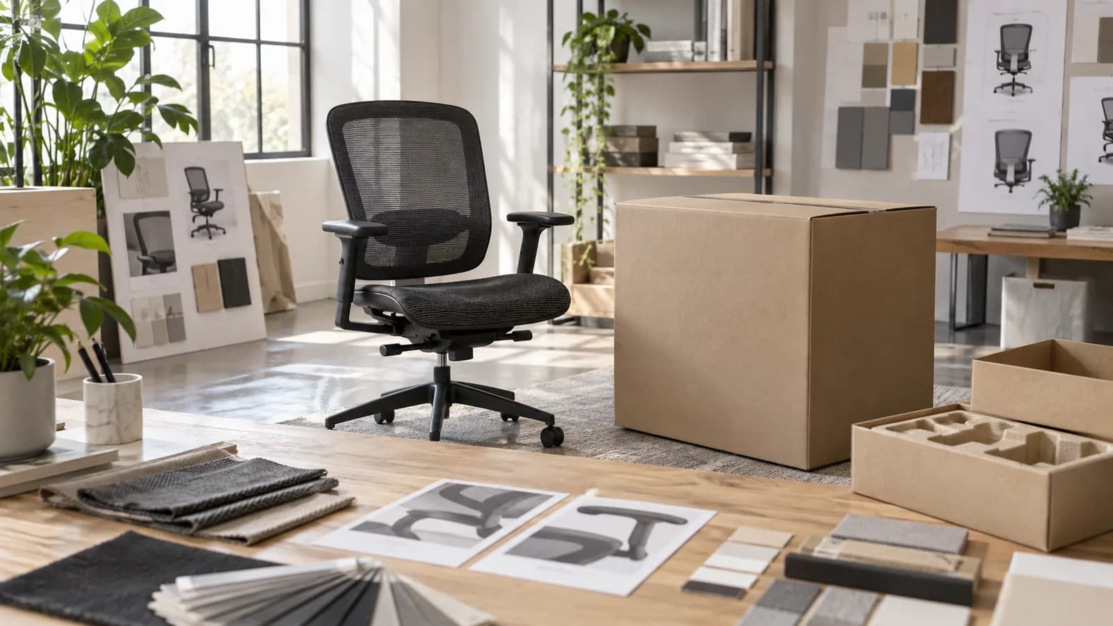 Illustrative unbranded mesh office chair with blank carton, color swatches and product presentation materials