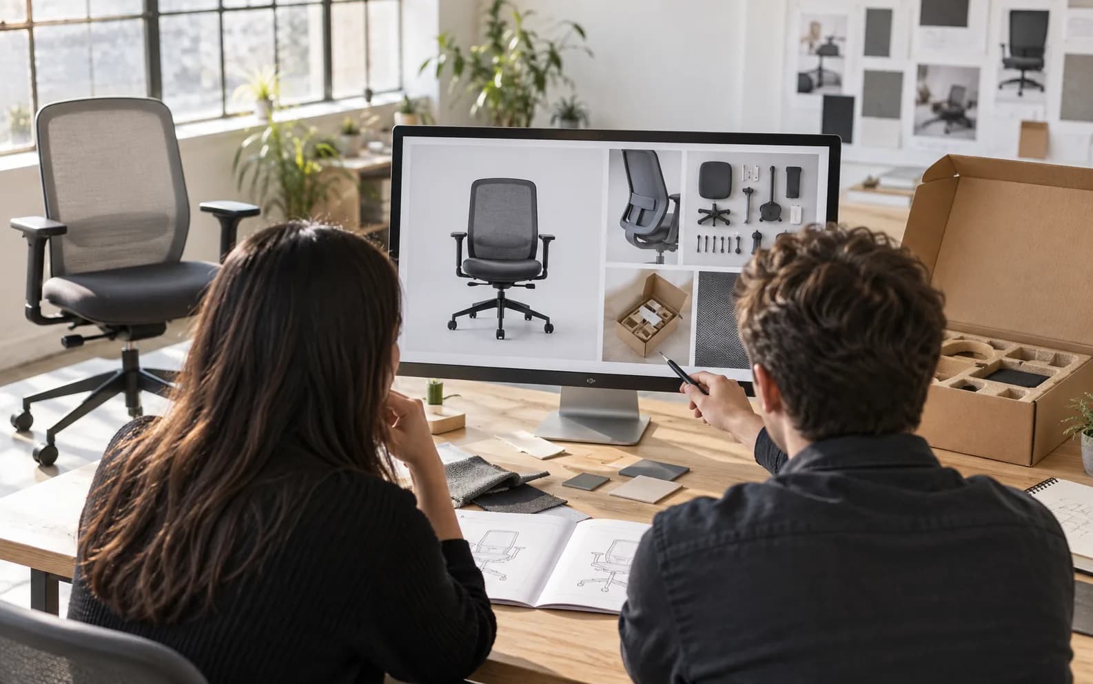 Illustrative colleagues reviewing unbranded chair product images, pack and assembly materials