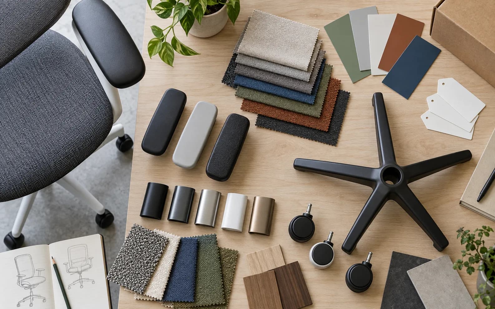 Illustrative office-chair trim, armrest and base options with fabric swatches and blank brand labels