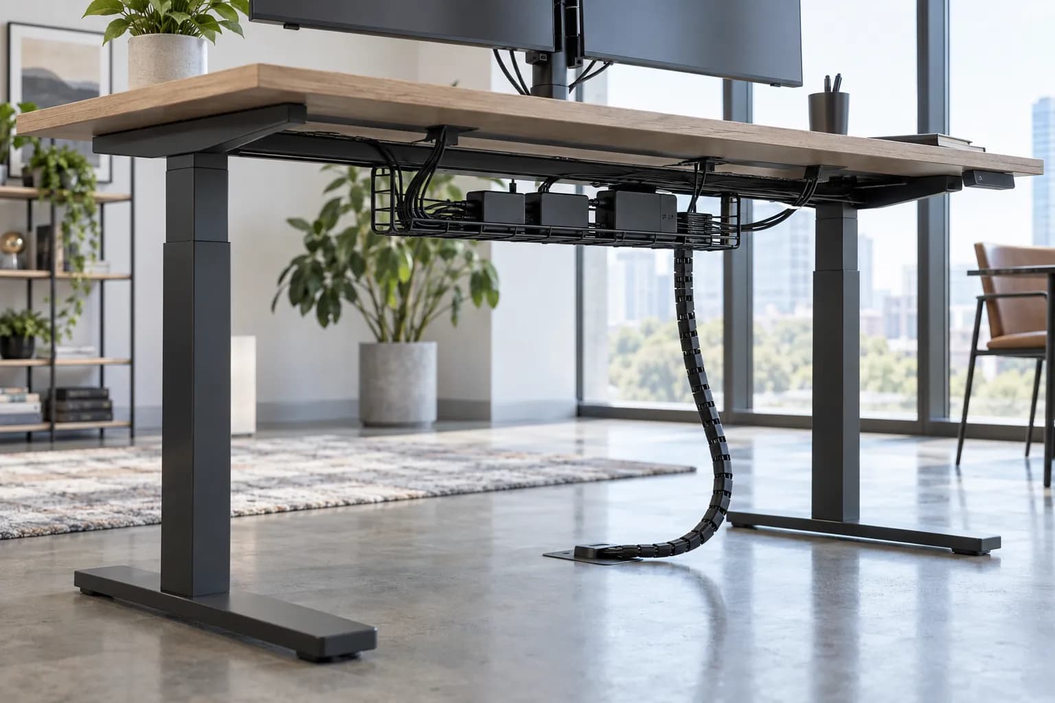 Unbranded height-adjustable desk with a tidy under-desk cable tray and routed workstation cables