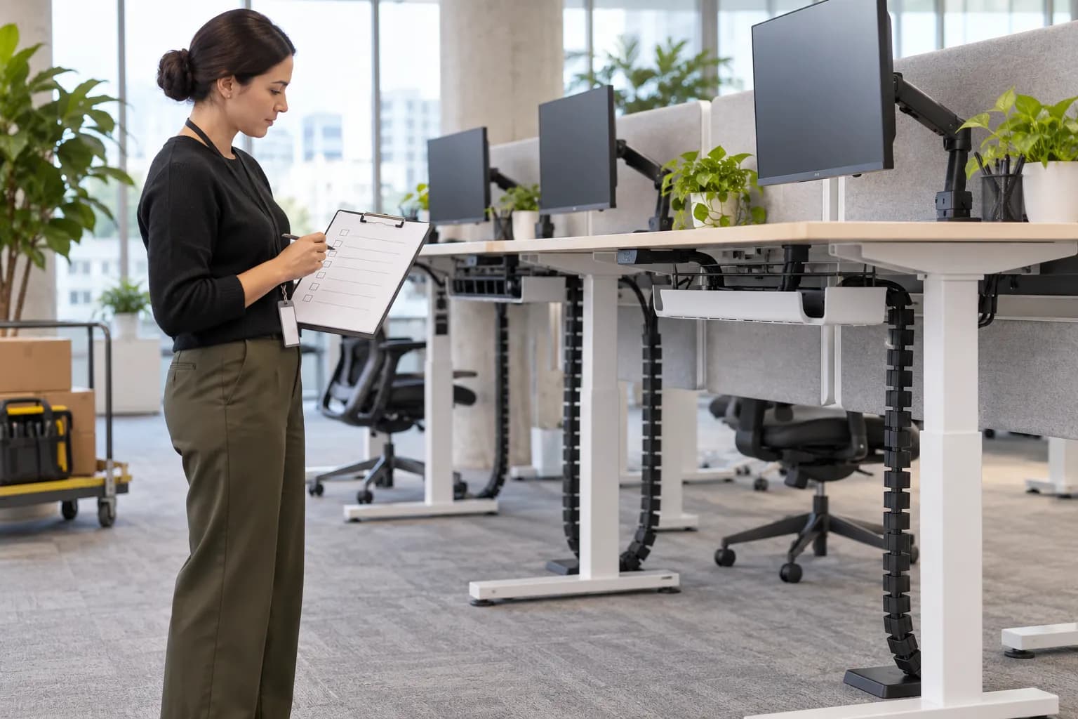 Facilities coordinator reviewing a workstation handover checklist beside unbranded height-adjustable desks with organized cable risers
